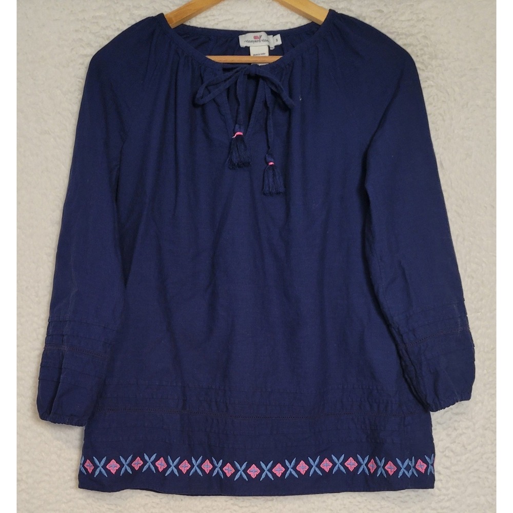 Vineyard Vines Blouse Top Size Small Navy‎ Blue Embroidered Peasant Boho 1082